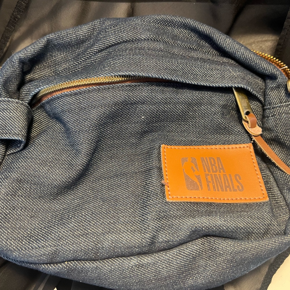 Blue and Brown Denim Belt Bag with Leather Accent